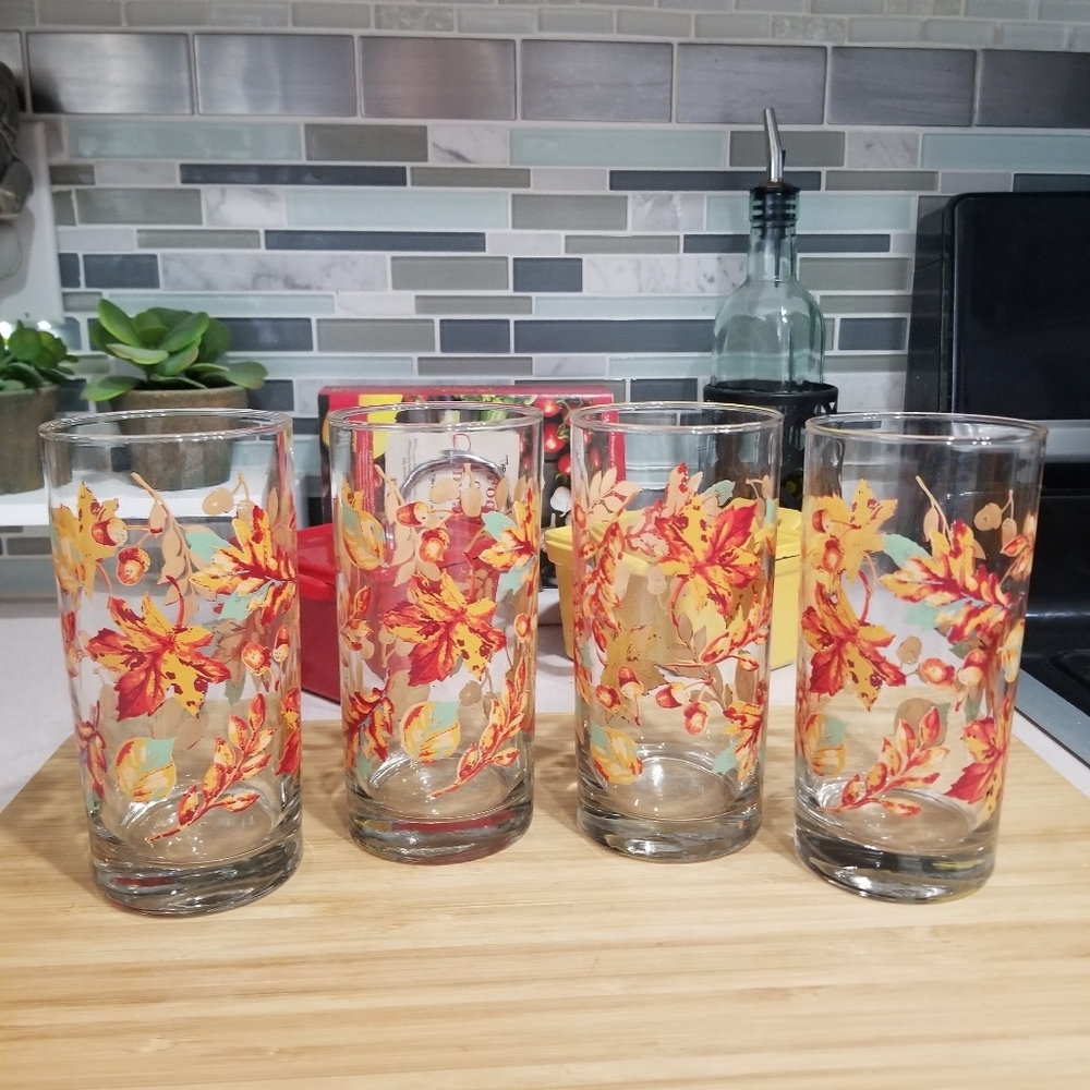 Set of 4 Autumn Fall Leaves Drinking Glasses Tumblers Coolers 16oz